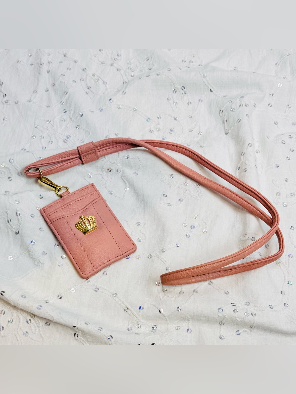 Juicy Couture Pink Crown Lanyard Card Holder ID Badge Wallet Faux Leather